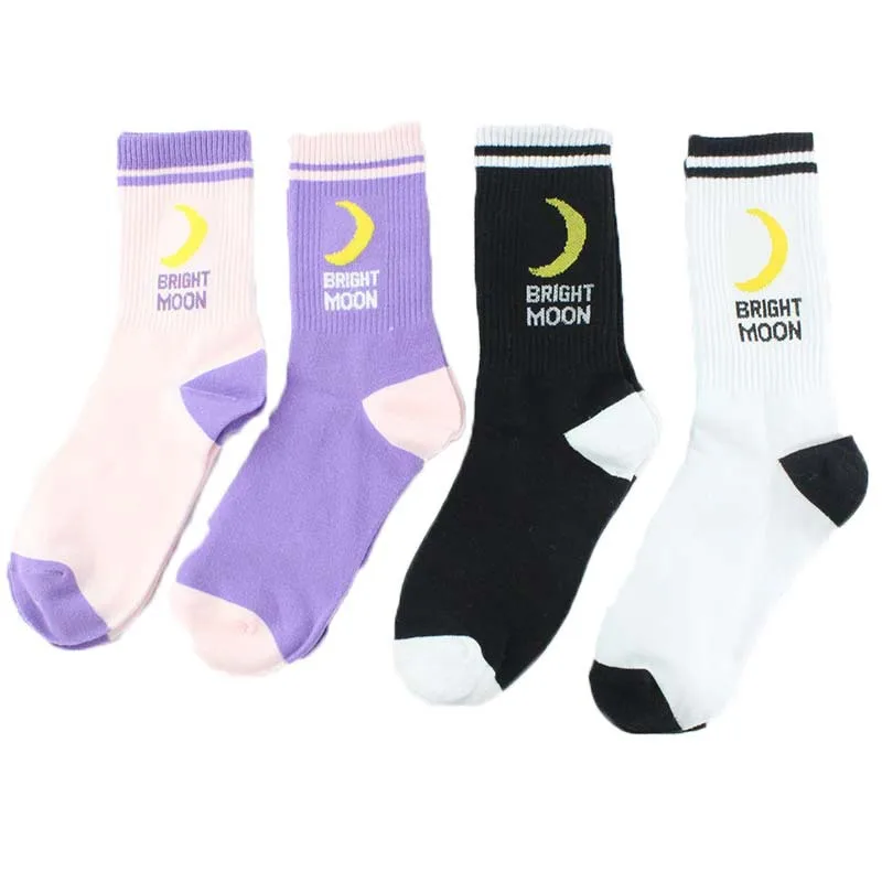 

Adult Size Crew Fashion Socks Bright Moon Lunar Eclipse Crescent Sun Universe Cosmos Astro Space Riddle World Pink Purple Fit