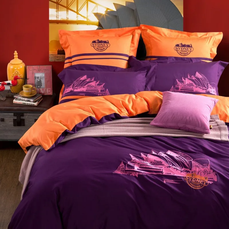 Sydney Opera House Bedding Set Embroidery Bed Set Orange Blue 100