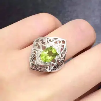 

100% Fidelity Natural peridot Rings s925 sterling silver Natural 6*8mm green gemstone hollow ring fine Jewelry for women