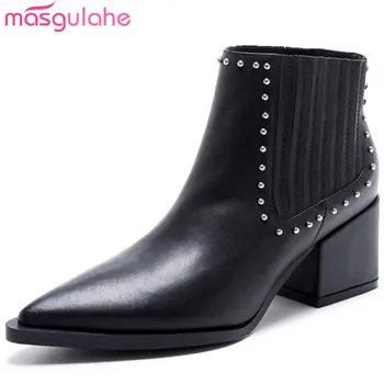 

Masgulahe woman genuine leather boots breathable pointed toe ankle boots rivets convenient slip on autumn boots womens shoes