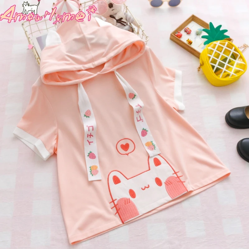 

Lolita Kawaii Cartoon Cat Embroidered Hooded Short Sleeve T shirt Mori Girl 2019 Summer Women Tee Tops