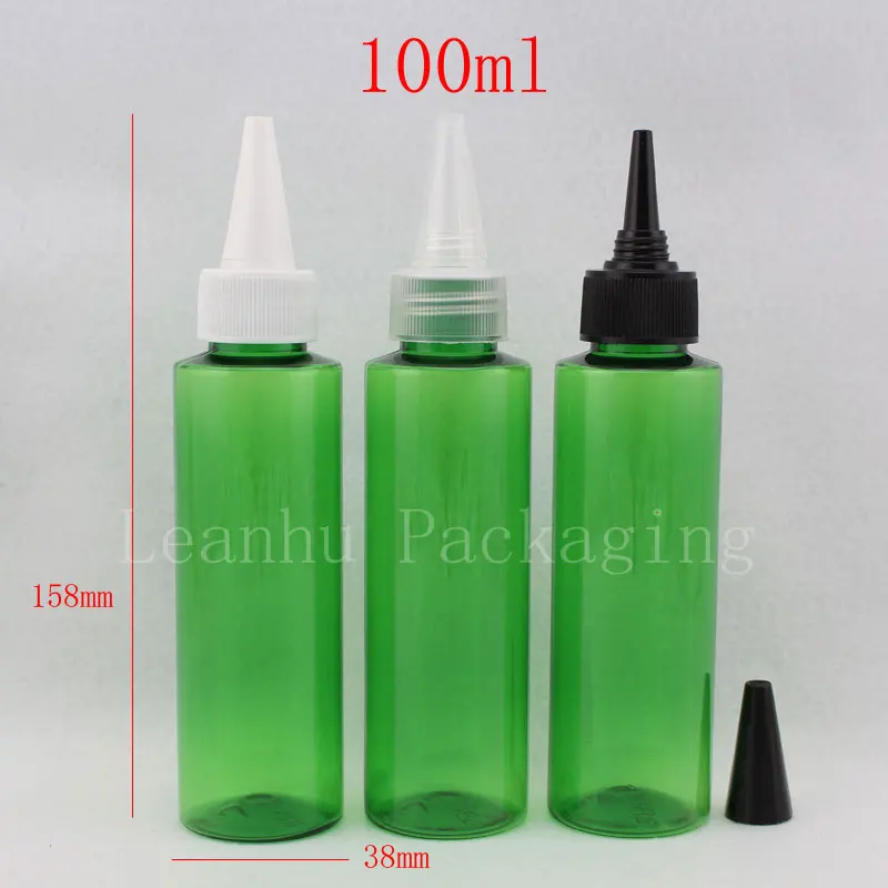 50 X 100ml green plastic bottles with pointed mouth caps ,bottle