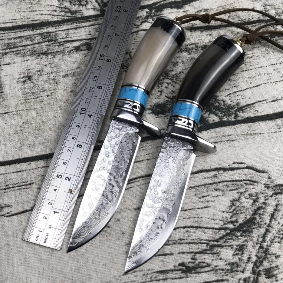 

Survival 60HRC high hardness sharp manual forged VG10 Damascus steel straight knife horn handle fixed blade knife
