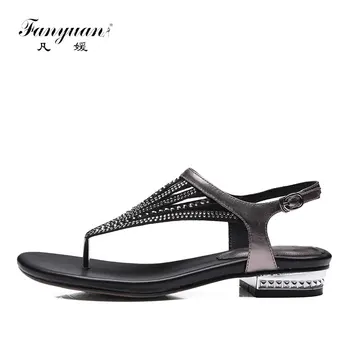 

Fanyuan Flat Sandals Summer Handmade Leather Gladiator Sandals Women Flats Brand Crystal Studded Flip Flops Summer Female Shoes