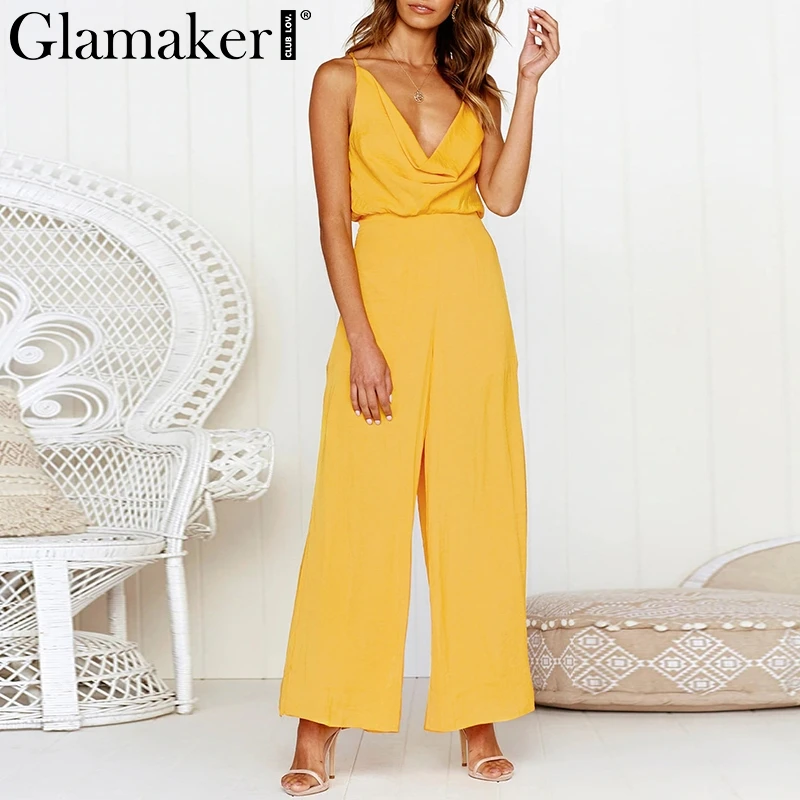 Glamaker Elegant solid deep V neck loose jumpsuit Women Casual holiday beach spring long playsuit Summer sleeveless sexy romper