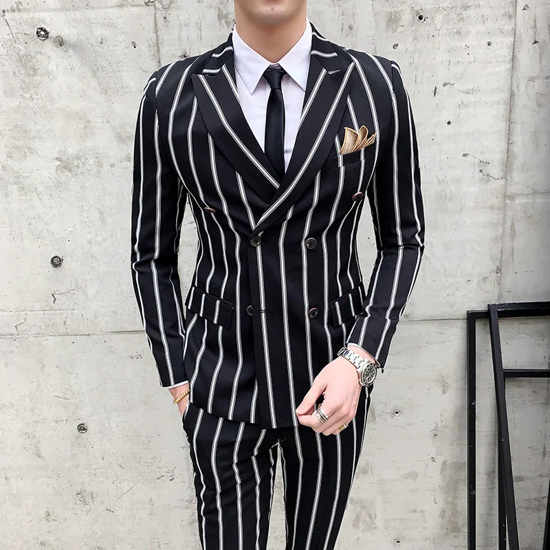 

Casual Tuxedo Striped Wedding Men Korean Dress Suits Slim Fit Costume Homme Quality Business M-3XL Blazer And Pant