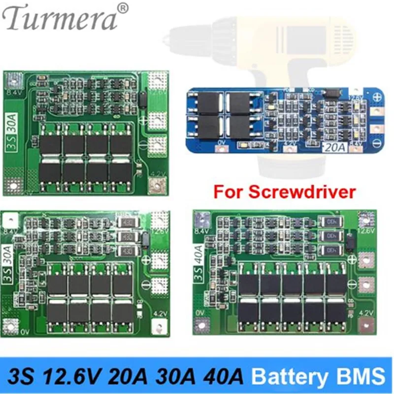 

Turmera 3S 12.6V 20A 30A 40A for Screwdriver Battery 12V Li-ion 18650 Battery Protection Board BMS PCM for Screwdriver set ju07