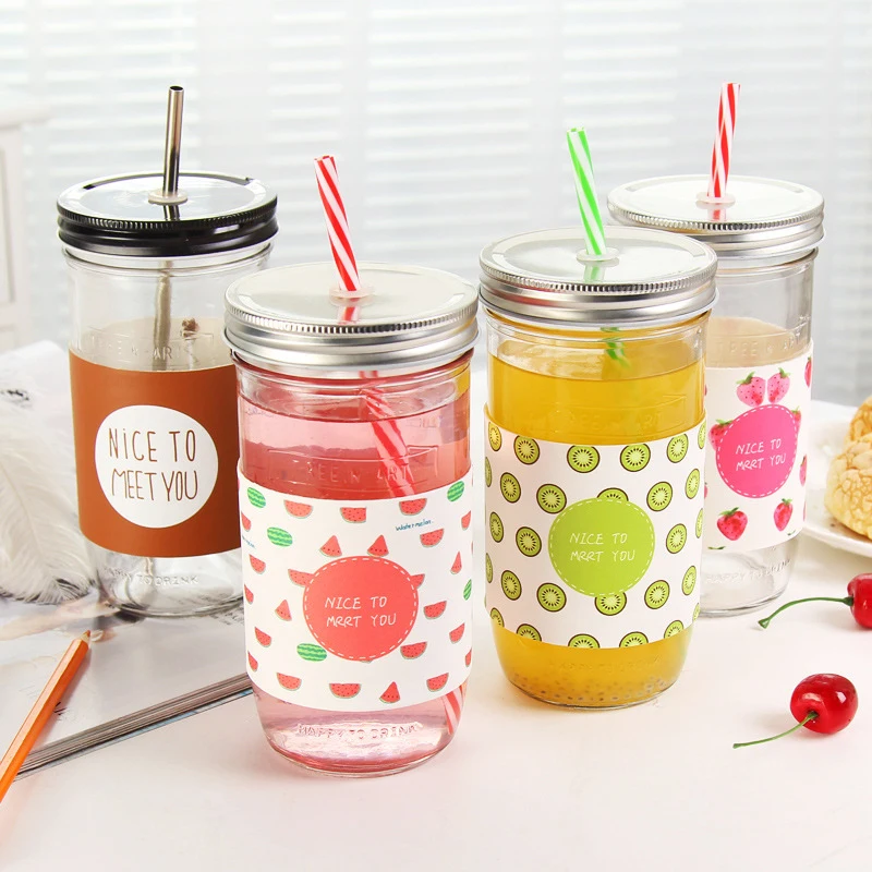 Keythemelife Creative Fruit Transparent Juice Water Bottles Mason Jar Lemon Water Bottles with Straw Sport Water