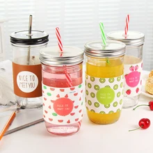 Keythemelife Kreative Fruit Transparente Saft Wasserflaschen Einmachglas Zitrone Wasserflaschen mit Stroh Sport Wasserflasche C