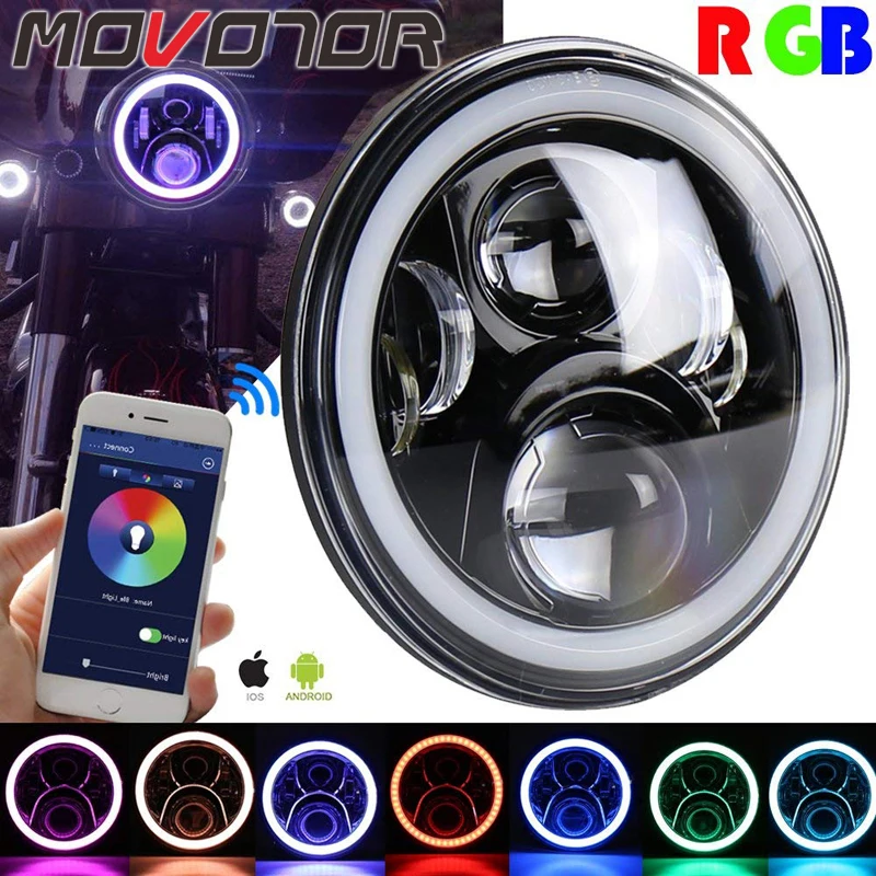 

1 x H4 Motorcycle Headlight 7" Light Bluetooth Remote Round RGB LED Headlamp for Harley Davidson Touring Street Glide Yamaha
