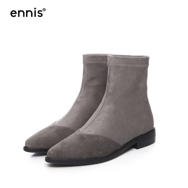 

ENNIS 2019 Fashion Flat Boots Stretched Fabric Sock Boots Women Pointed Toe Ankle Boots Suede Leather Autumn Shoes Black A981