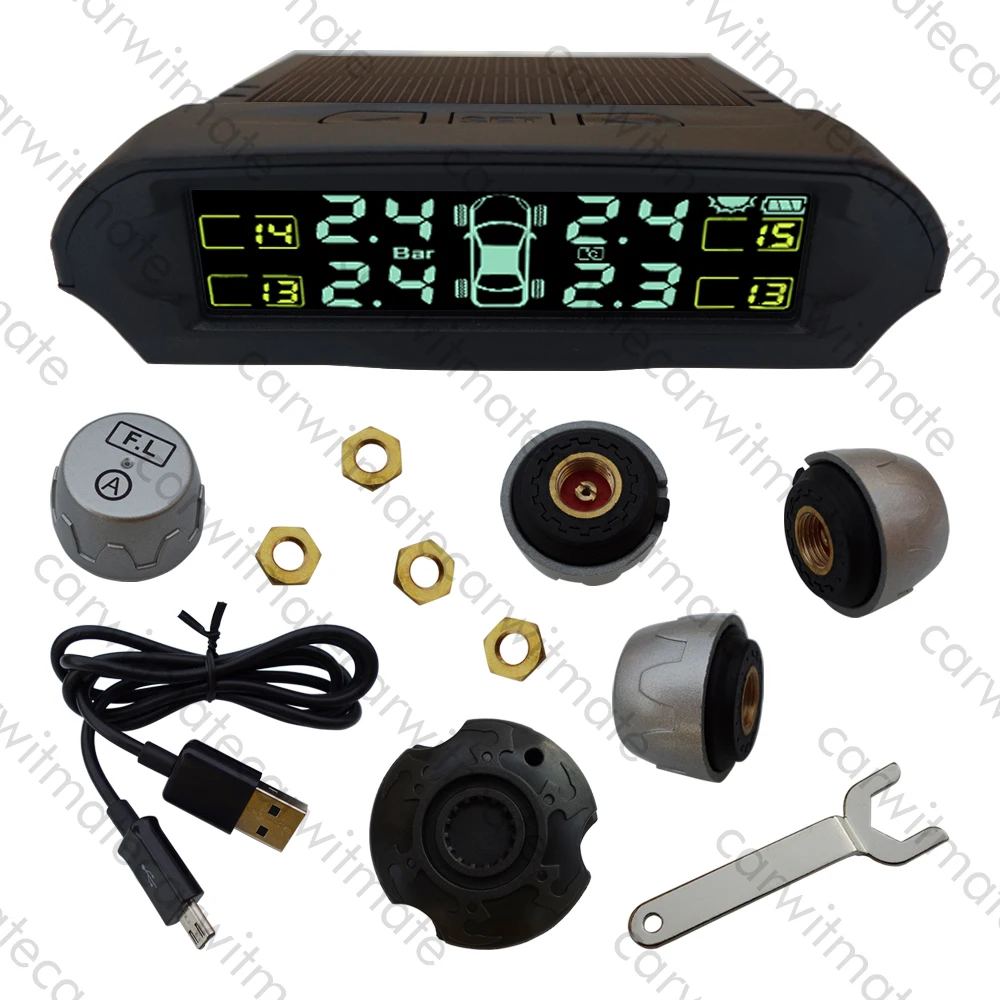 

New Solar Energy Car TPMS Tyre Pressure Monitoring System With 4 External Sensors & Support Bar & Psi In Stock