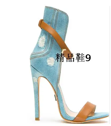 

Hot Selling Designer Blue Jeans Ankle Straps High Heels Sandals Cut-out Open Toe Brown Buckle shoes woman Women Drop Shippi
