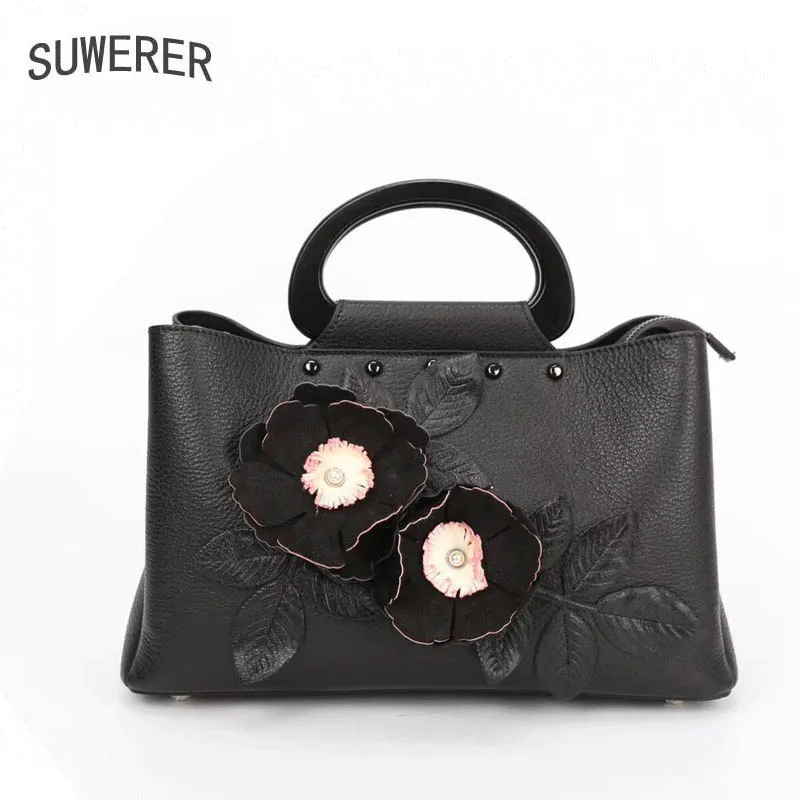 

SUWERER 2018 New women bag genuine leather brands Handmade flowers fashion top cowhide women handbags leather shoulder bag