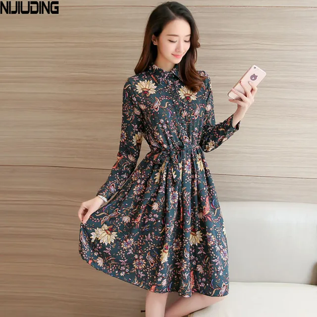 NIJIUDING Floral A Line Dress Newest 2017 Fashion Turn down Collar Long ...