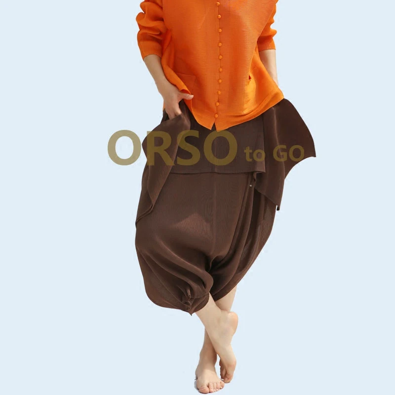 Changpleat Для женщин Штaны-клёш Miyak плиссированные модные дизайн женский с эластичной талией свободные однотонные штаны большого размера для Для женщин