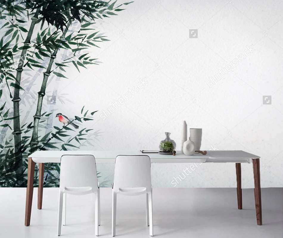 

Chinese landscape wallpaper,Little red birdie in lush bambusa spinney,retro fresco for living room bedroom background wallpaper