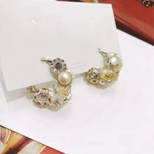 MENGJIQIAO корейский кристалл серьги-кольца цветок для женщин Элегантный Имитация Жемчуга C образный Букле д 'ореиль ювелирные изделия