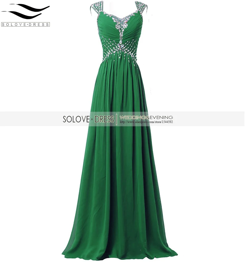 

Solovedress Sexy V Neck Real Photos Crystal Green Long Prom Dress 2016 Cap Sleeves Evening Gown Vestidos De fiesta SLE-SLP07