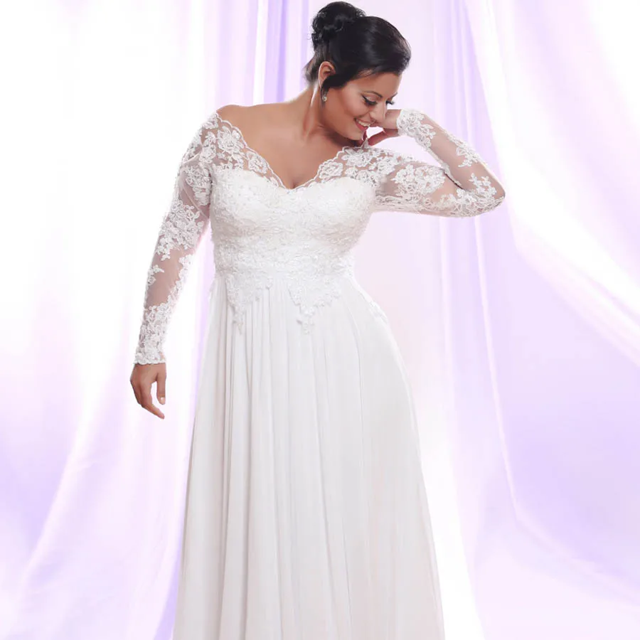 US $76.30 WhiteIvory Long Sleeves Chiffon Wedding Dresses Plus Size Deep VNeck Applique Beach Wedding Gowns Vestido De Novia