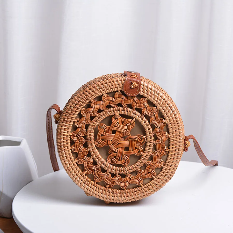 20cm Big Size Handmade Circle Chinese Bowknot Women Rattan Bags Spiral Style Hollow Out Flowers Female Shoulder Bags B380