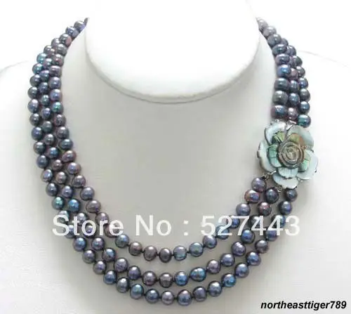 

Wholesale free shipping >>3 Rows Genuine Black Pearl 18KWGP Shell Flower Clasp Necklace