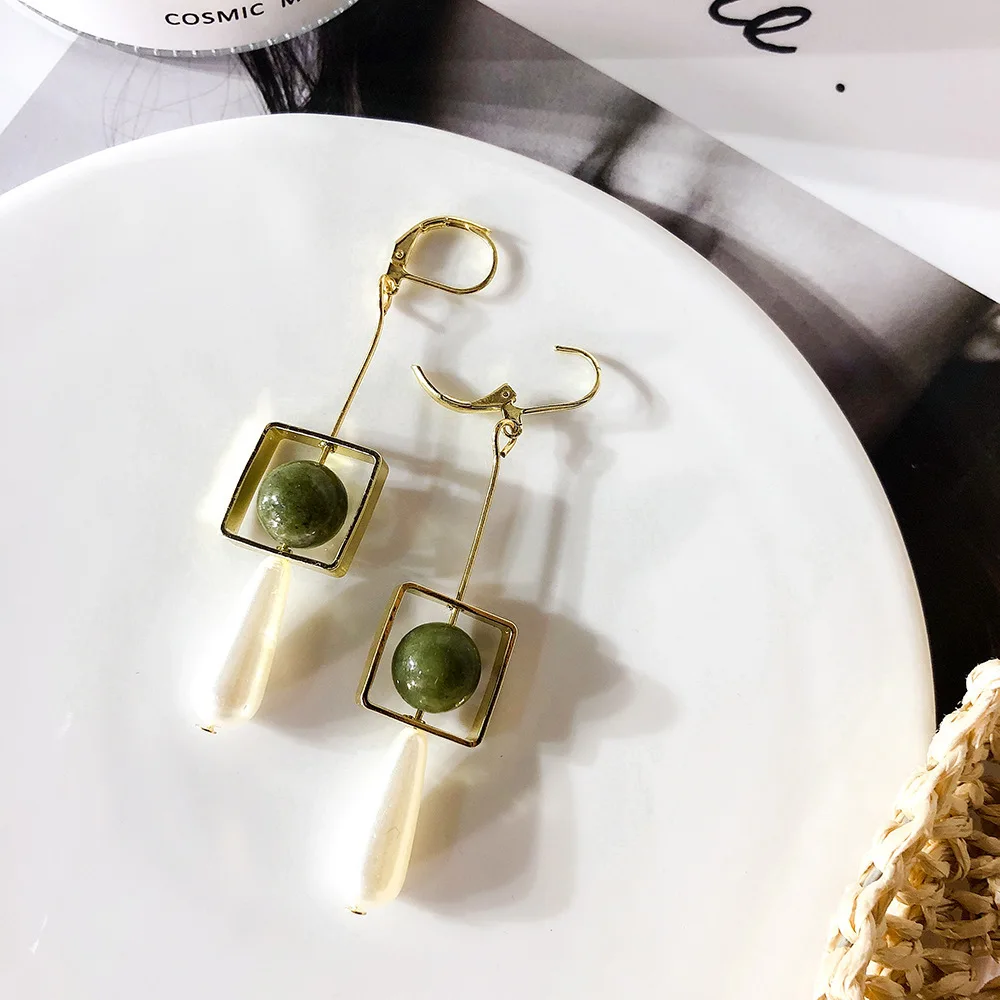 

Retro Green Bead Earrings Drops Pearls Geometric Square Cutout Earrings