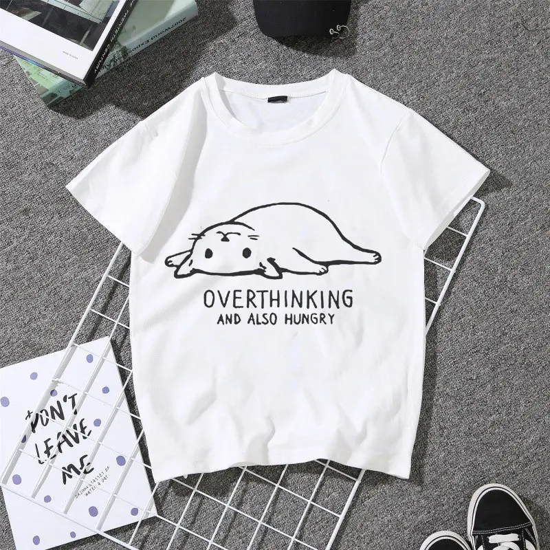 Лето 2019 Топы OVERTHINKING Cat рубашка Эстетическая Kawaii женская футболка Корейская