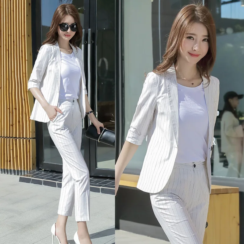 

2019 Spring Autumn Small Striped Suit Jacket + Trousers OL Suit for Female Office Lady Work Blazer Ninth Pants Suit