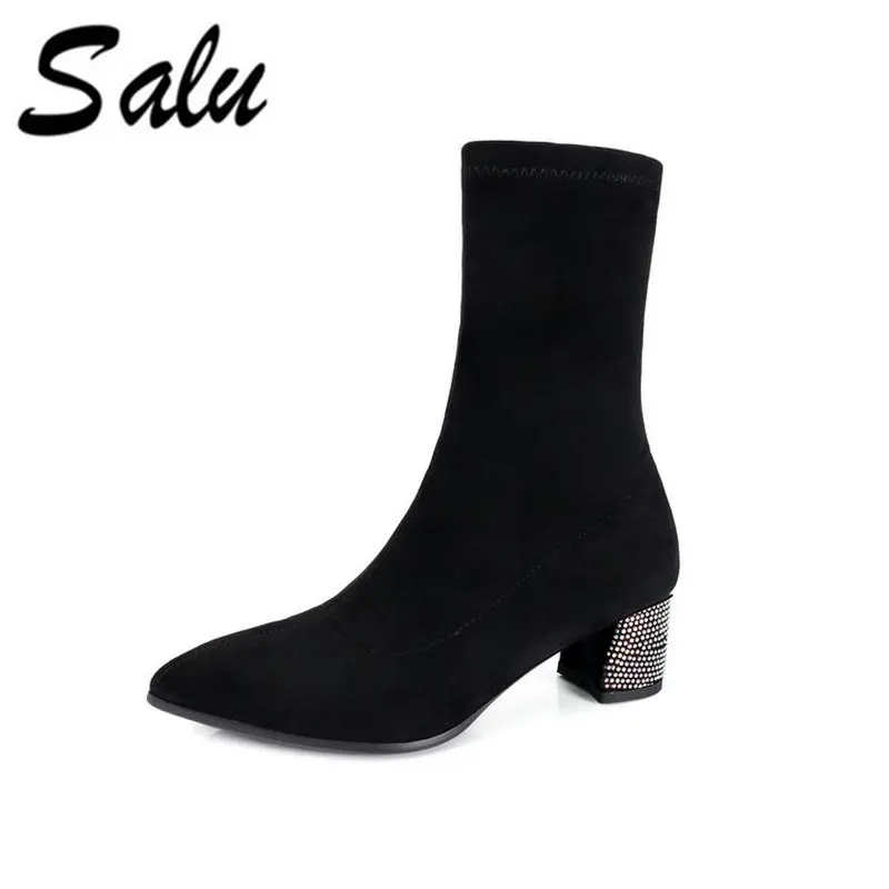 

Salu Women mid-calf Boots High Heels kid suede leather Short Boots Autumn Ladies Shoes Big Size 34-43 Designer