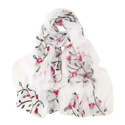 Женский шифоновый шарф с вышивкой и принтом, мягкий длинный шарф с запахом, новинка 2018, женская шифоновая шаль, шарфы HX0110