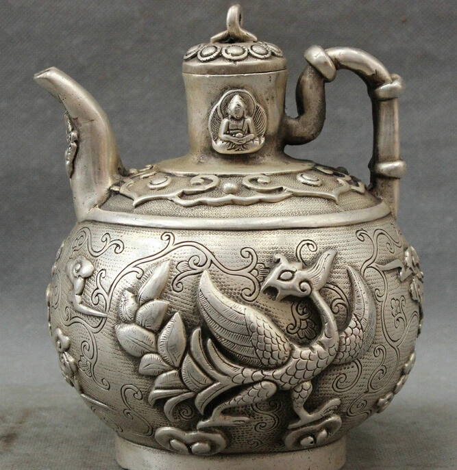 

Folk Chinese Silver Buddhism Bird Phoenix Statue Redpoll Buddha Wine Pot Teapot