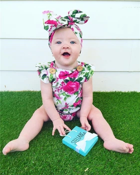 

Newborn Infant Baby Girls Clothes Square Collar Sleeveless Bodysuit Floral Print Bowknot Headband 2PC Cotton Casual Outfit