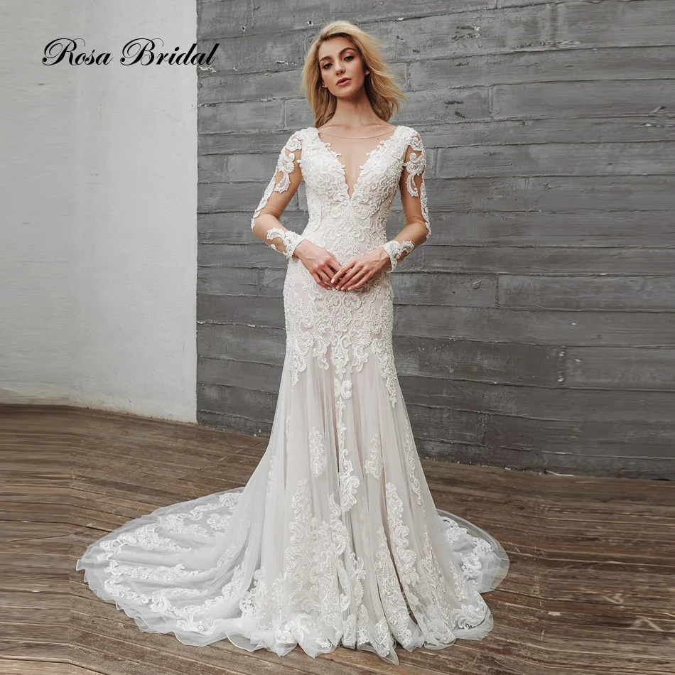 

Rosabridal Jane Eyre long sleeves O neck backless beading lace mermaid wedding dress