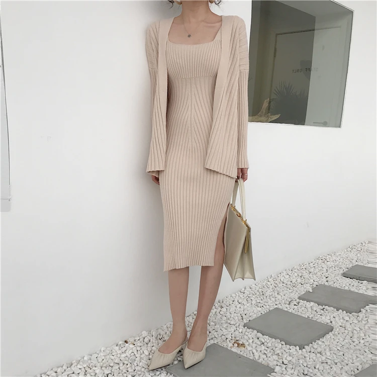 Khaki Long Sleeve Cardigan + Suspenders Sweater Vest Dress