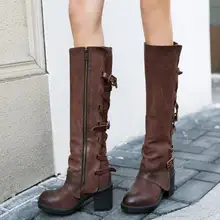 Для женщин Винтаж сапоги до колена Пояса из натуральной кожи зимние ботинки на высоком каблуке Обувь женщина привязали Пряжка резиновый рыцарь botas mujer