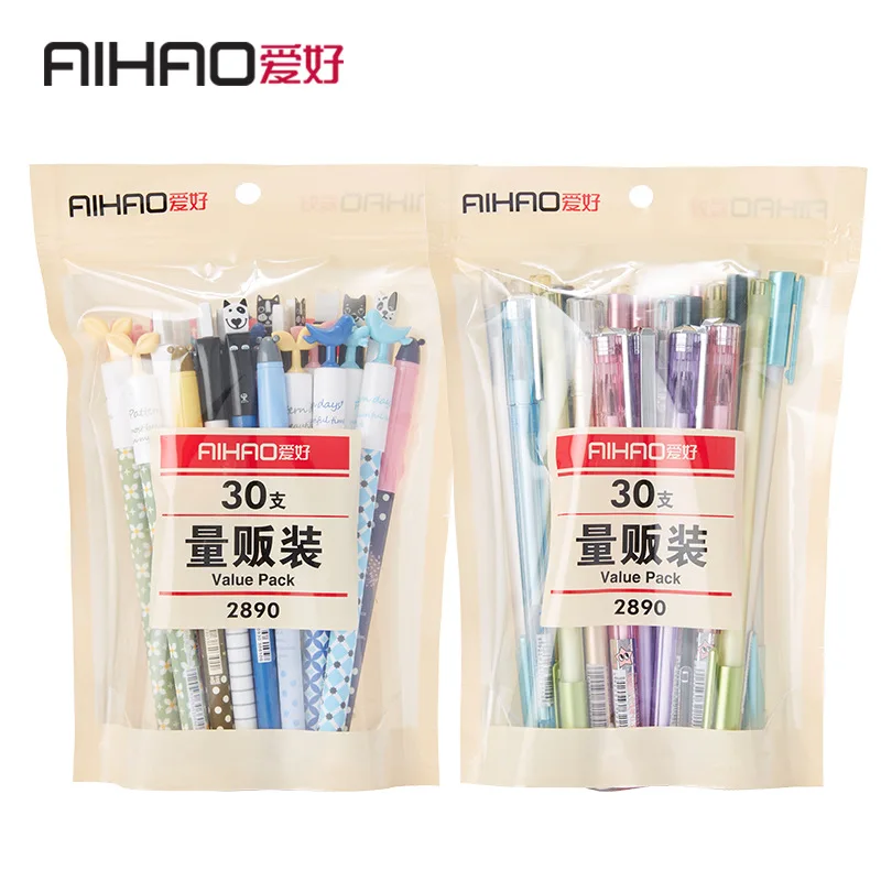 

30 pcs gel pen value pack Cute designs Blue & Black color 0.35 0.5mm ballpoint AIHAO Stationery Office school supplies