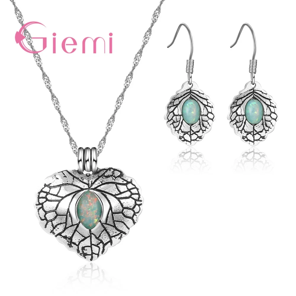 

GIEMI 100% 925 Sterling Silver Antique Green Opal Stone Inlaid Heart Pendant Necklace Earrings Jewelry Set for Women Christmas