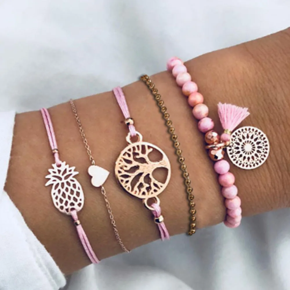 

IPARAM Fashion Bracelet Set Pineapple Life Tree Tassel Jewelry Female Bohemian Multi-layer Beaded Heart Geometry Bracelet Set