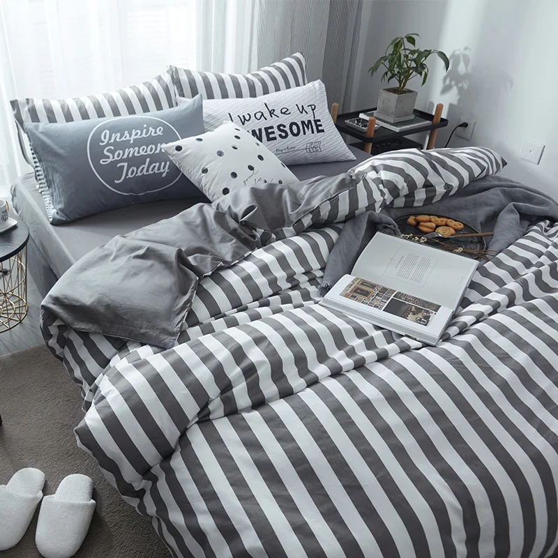 

100% Cotton Grey And White Stripes Duvet Cover Set Twin Queen King Brief Bed Sheet Pillow Case Adults Bedding Sets/Bed Linens