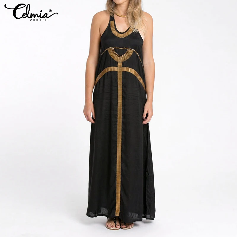 

Women Maxi Long Dress Celmia 2019 Summer Beach Sundress Casual Loose Print Sleeveless Sexy Vestidos Shirt Robe Femme Plus Size