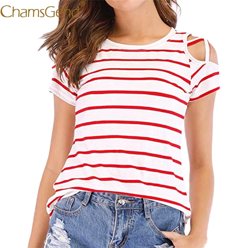 Lady Off Shoulder Short Sleeve Striped T Shirt Women Casual Round Neck ...