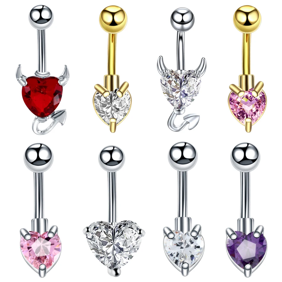

1PC Steel Heart Gem Belly Button Rings Gold Navel Nombril Piercings Crystal Devil Heart Ombligo Piercing Sexy Women Jewelry 14G
