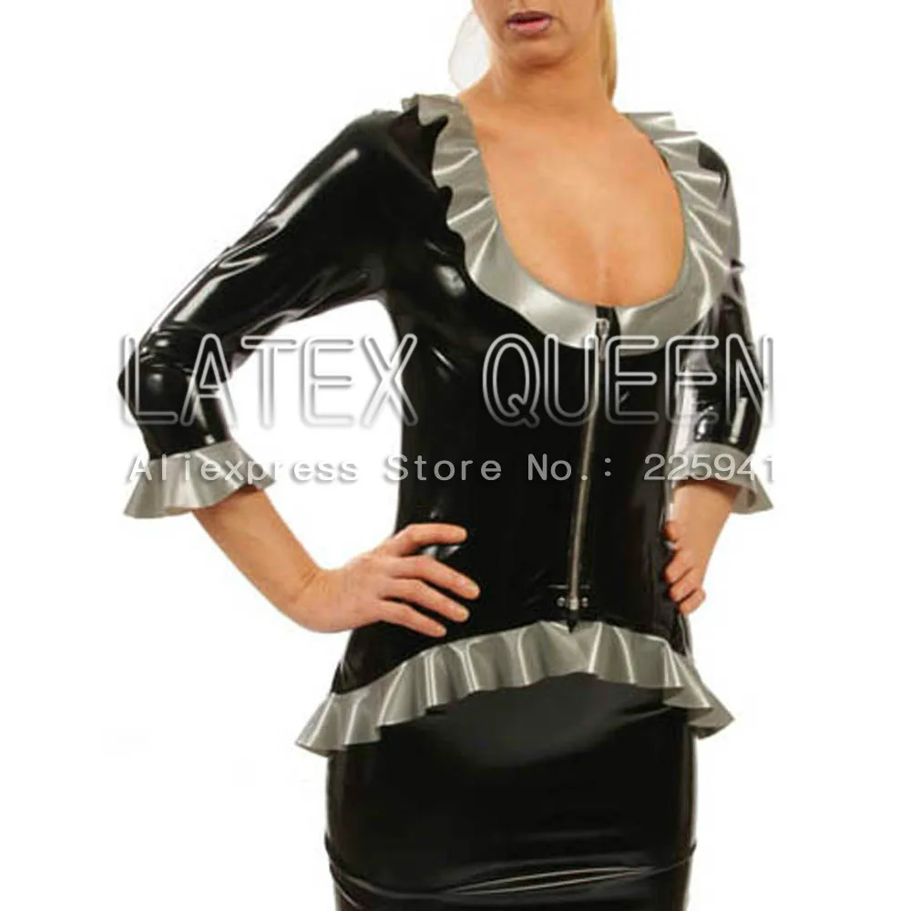 PROD 32602897952 latex catsuit w/ purfle latex blouse in black and
sillver
