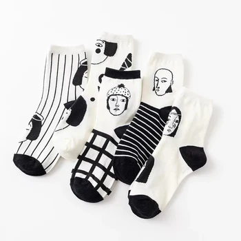 

Funny Socks Women Cotton Cartoon Cute Sock Long Letter Harajuku Woman Sox Ladies Thick Black Striped Print Female Casual Style