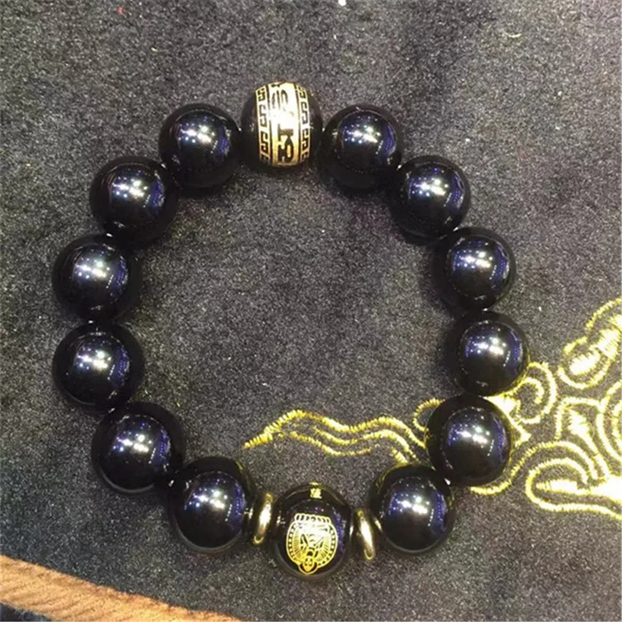 

12mm 100% Genuine Natural Black Obsidian Gemstone Bracelets For Women Man Stretch Six Words Round Bead Natural Stone Bracelets