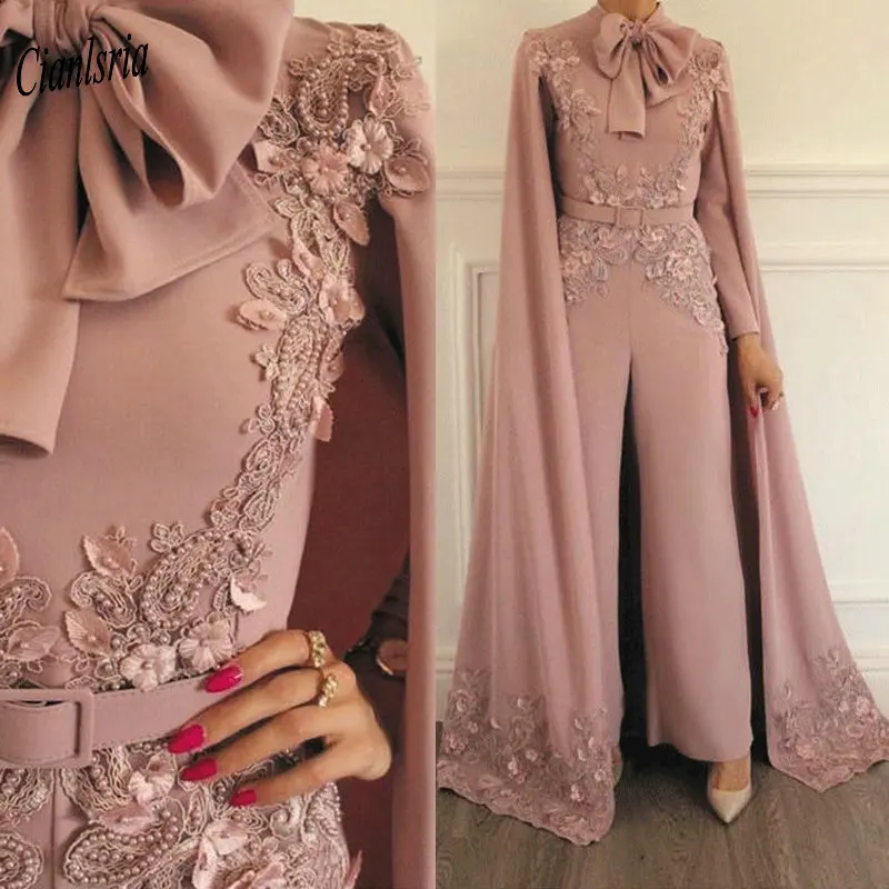 

Elegant Long Sleeve High Neck Muslim Jumpsuit Evening Dress Appliques Beading Flowers Dubai Arabic Formal Evening Party Dresses