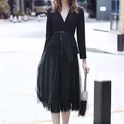 Осень газовая юбка костюмы для женщин Асимметричный черный комплект из двух предметов карманы повседневное пояса с длинным рукавом