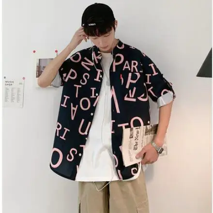 

Men's Shirts Summer New Loose Lapel Slim Short Sleeve Shirt Large Size M-5XL Letter Print Personality Youth Casual Men's Wear