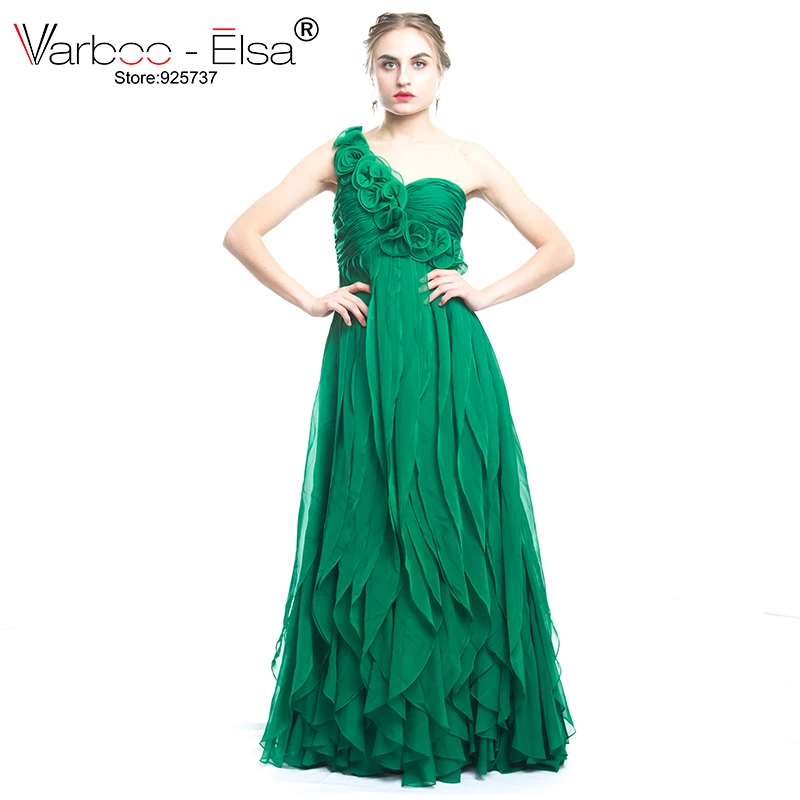 VARBOO_ELSA Новая мода зеленый длинное шифоновое платье для выпускного вечера Vestido De Festa сексуальный одно плечо вечернее платье без рукавов 3D